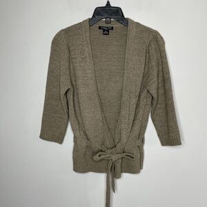 AUGUST SILK Womens Petite Tie-Waist Cardigan Knit Sweater Sz PL Brown 3/4-Sleeve
